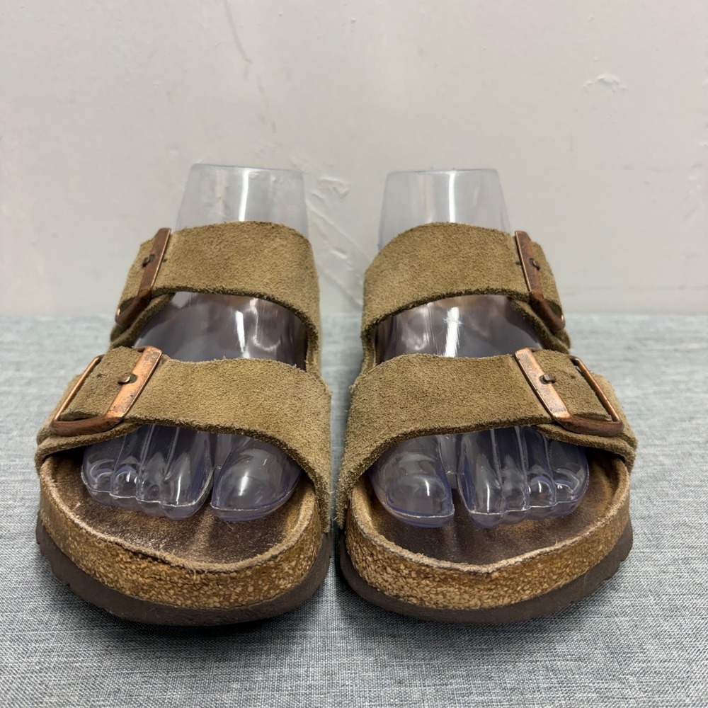 Birkenstock Arizona Sandals Women 7 Brown Suede Two Strap Cork Slide Footbed - Picture 3 of 11